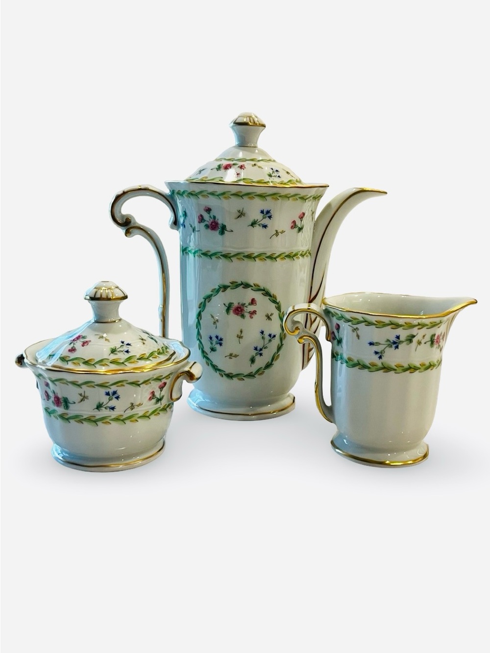 Bernardaud Limoges Artois Vert Fine Porcelain Coffee Pot Sugar Creamer Set